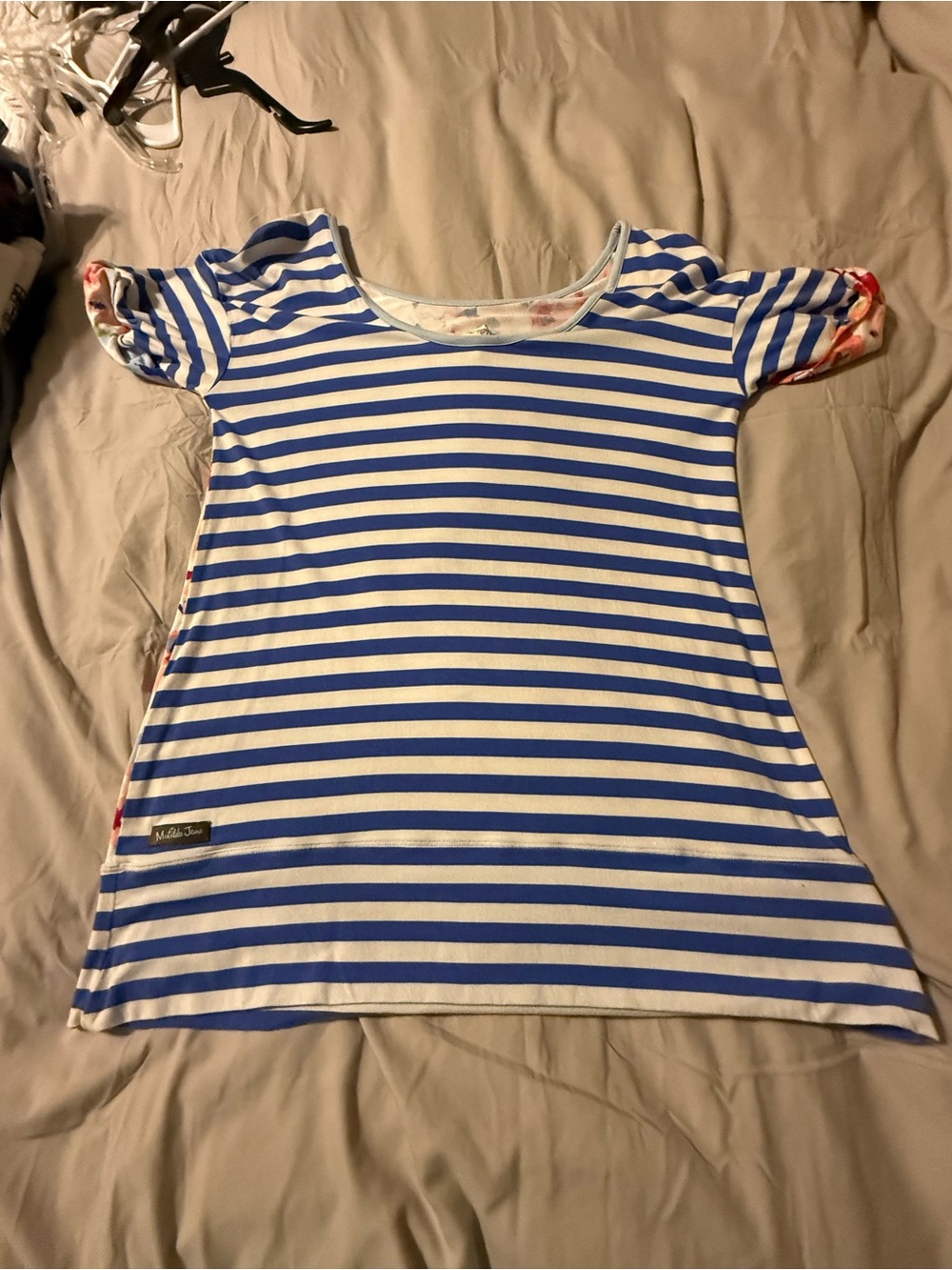 Matilda Jane Blue & White Striped Short Sleeve Tee with Floral Sleeve Accent